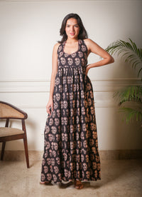 Midnight Bloom Halter Neck Handblock Printed Gown