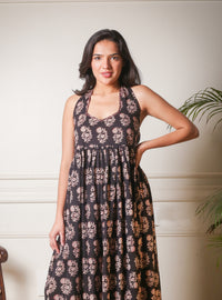 Midnight Bloom Halter Neck Handblock Printed Gown