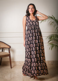 Midnight Bloom Halter Neck Handblock Printed Gown