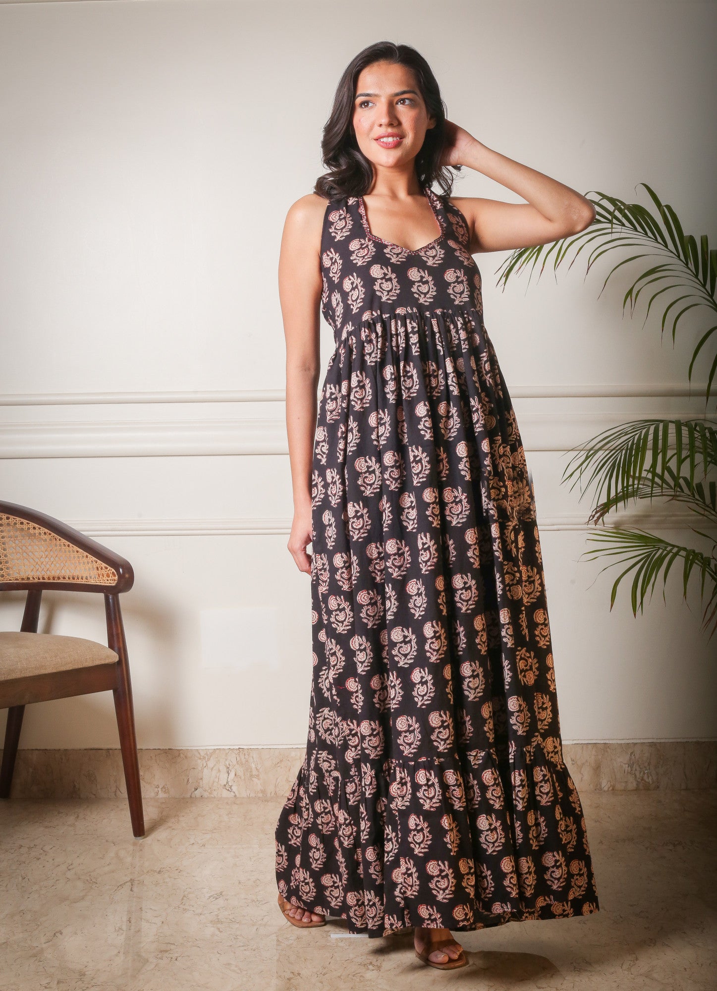 Midnight Bloom Halter Neck Handblock Printed Gown
