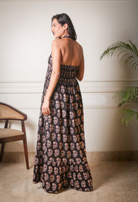 Midnight Bloom Halter Neck Handblock Printed Gown