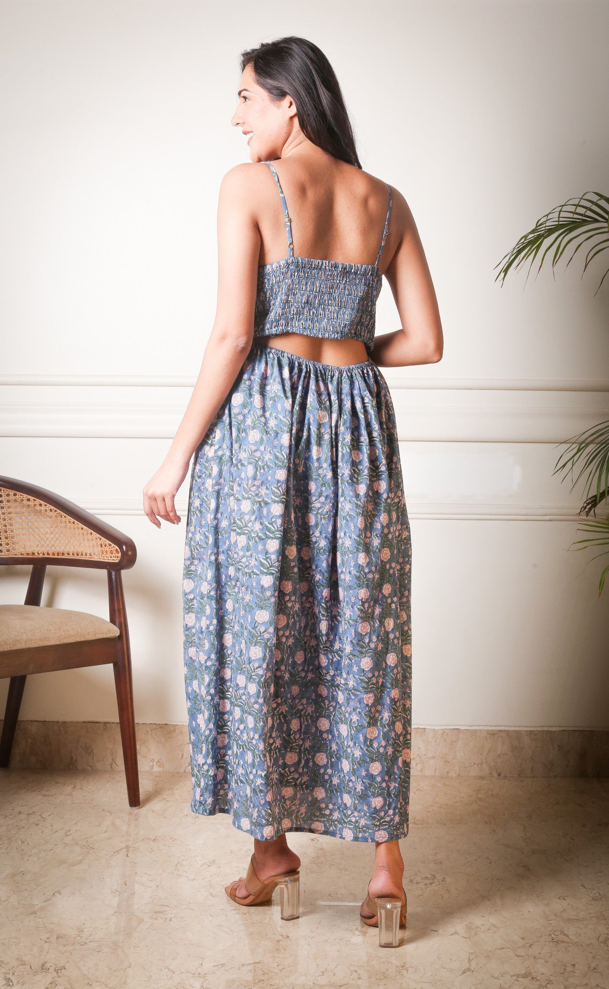 Enchanted Twilight Back Cutout Handblock Printed Dress