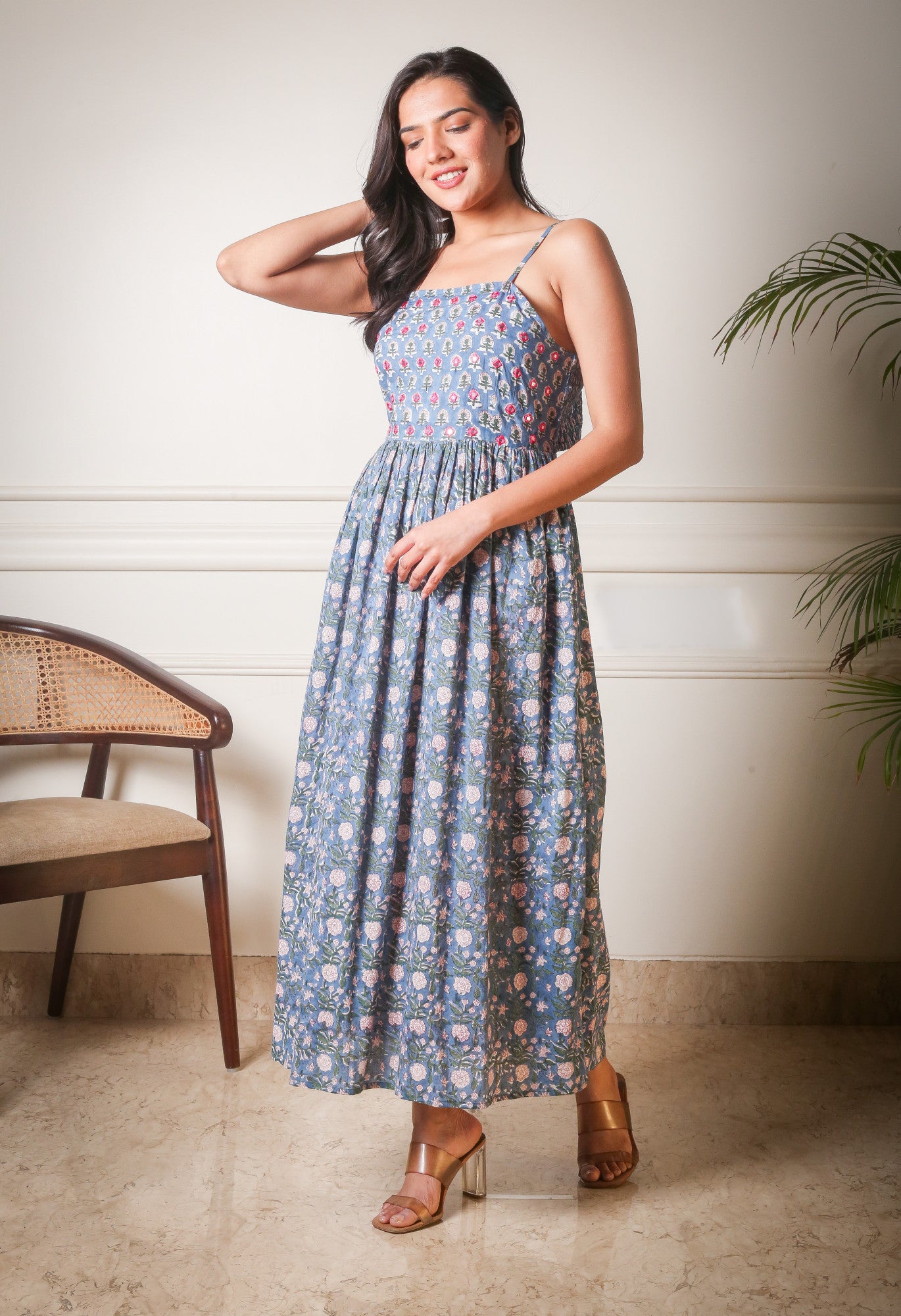 Enchanted Twilight Back Cutout Handblock Printed Dress