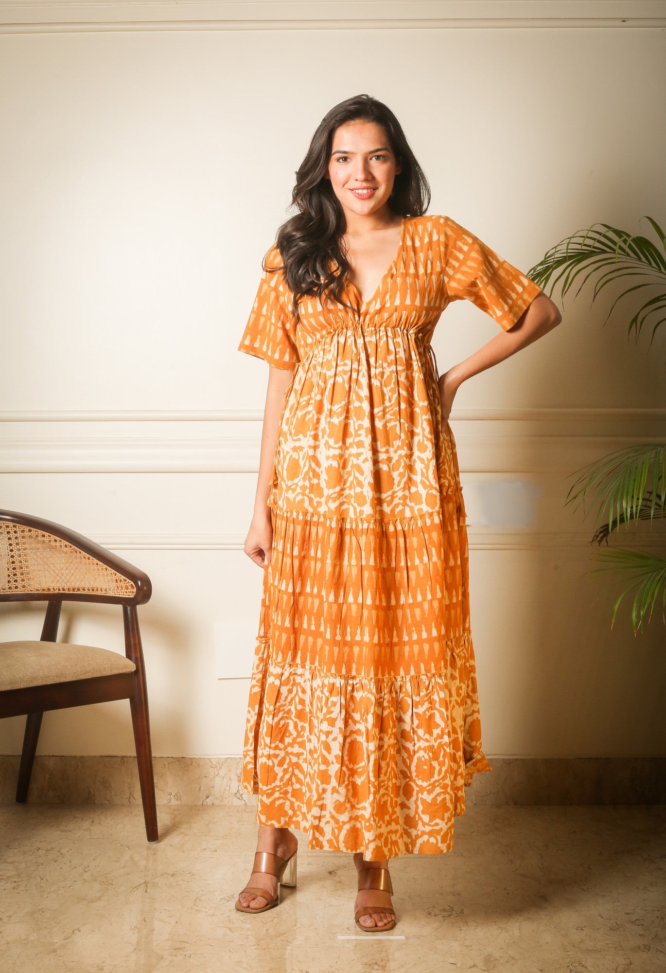 Golden Mirage Handblock Printed Cotton Maxi Dress