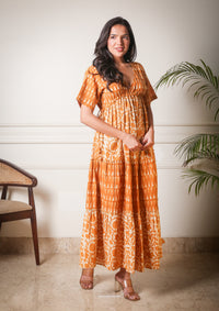 Golden Mirage Handblock Printed Cotton Maxi Dress