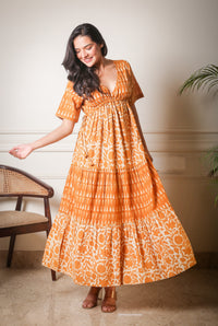 Golden Mirage Handblock Printed Cotton Maxi Dress