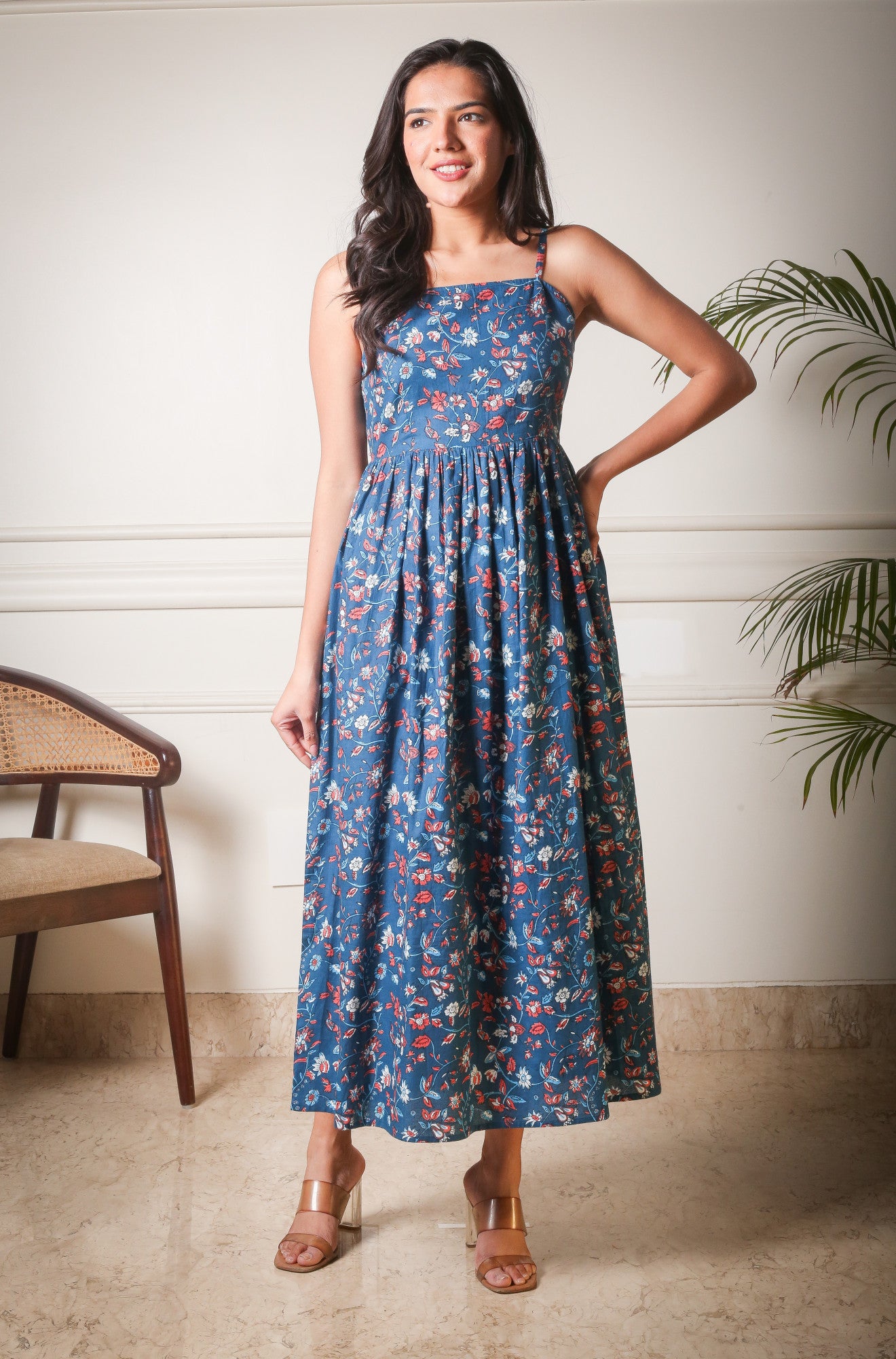 Midnight Blossom Cutout Floral Printed Blue Dress