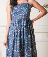 Midnight Blossom Cutout Floral Printed Blue Dress