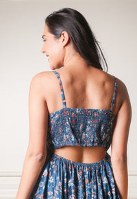 Midnight Blossom Cutout Floral Printed Blue Dress