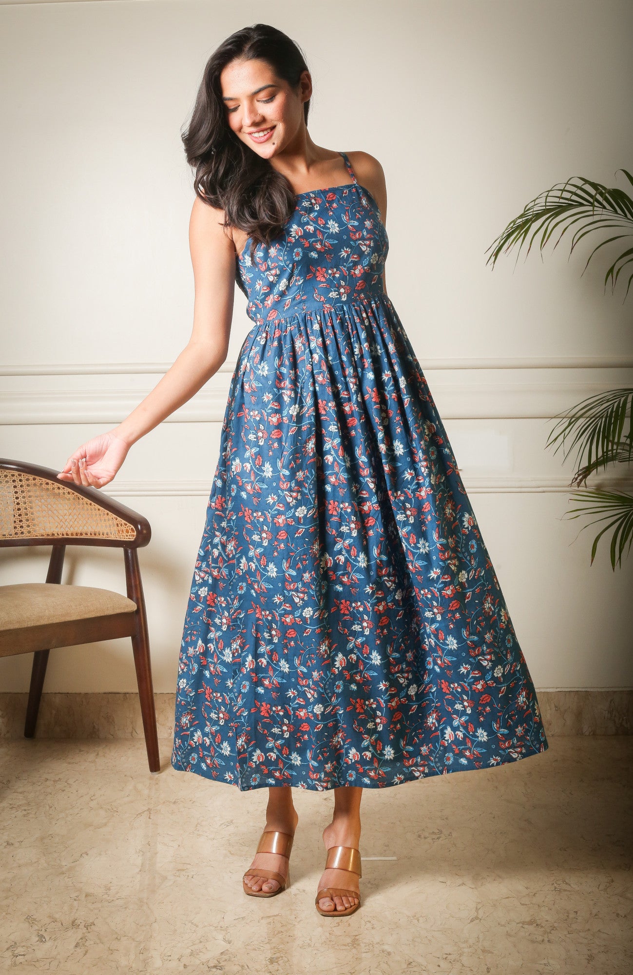 Midnight Blossom Cutout Floral Printed Blue Dress