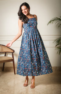 Midnight Blossom Cutout Floral Printed Blue Dress