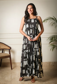 The Noir Glyph Black Printed Maxi Dress