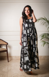 The Noir Glyph Black Printed Maxi Dress