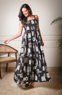 The Noir Glyph Black Printed Maxi Dress