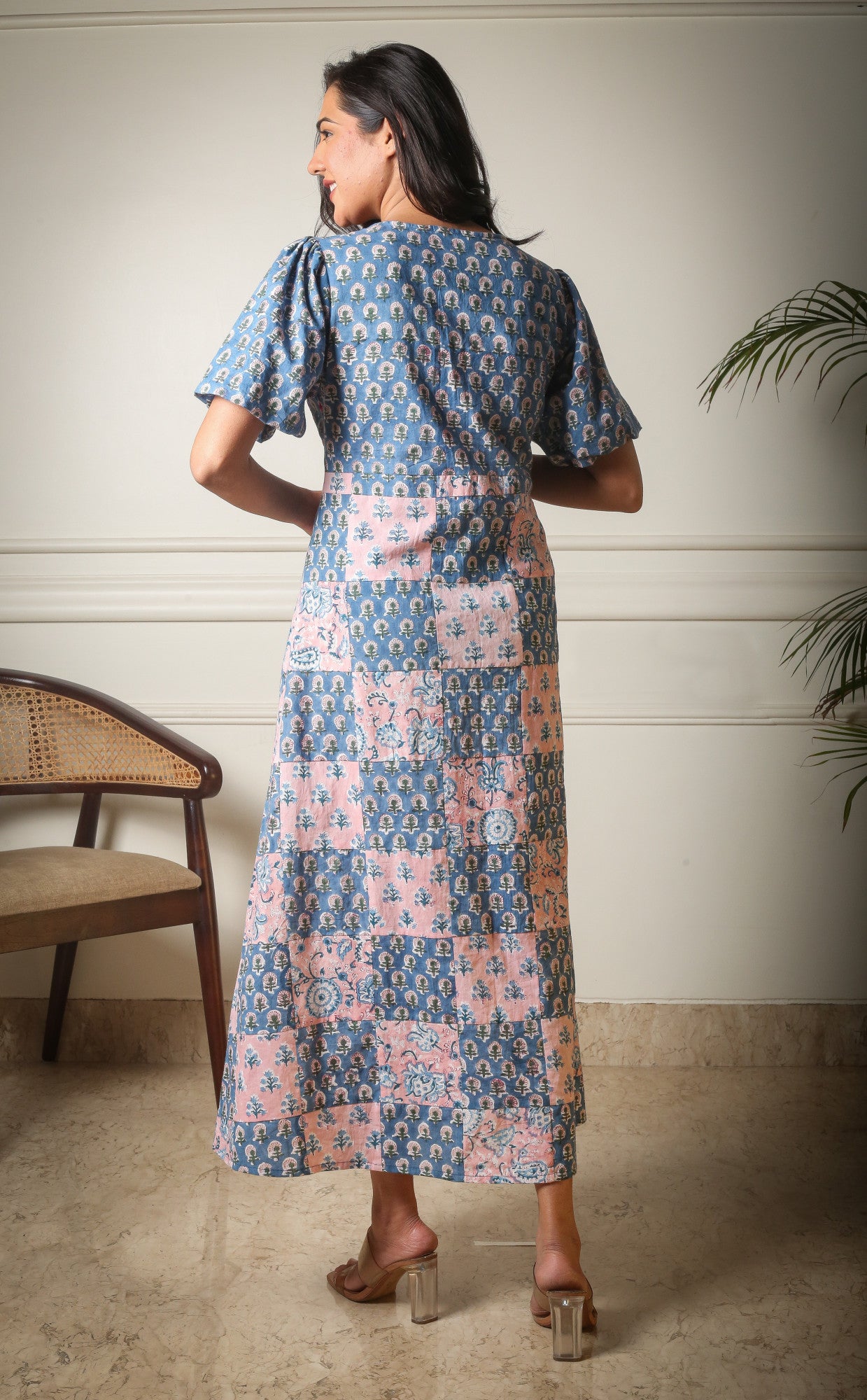 Gulnaz Patchwork Handblock Printed Front Knot Dress