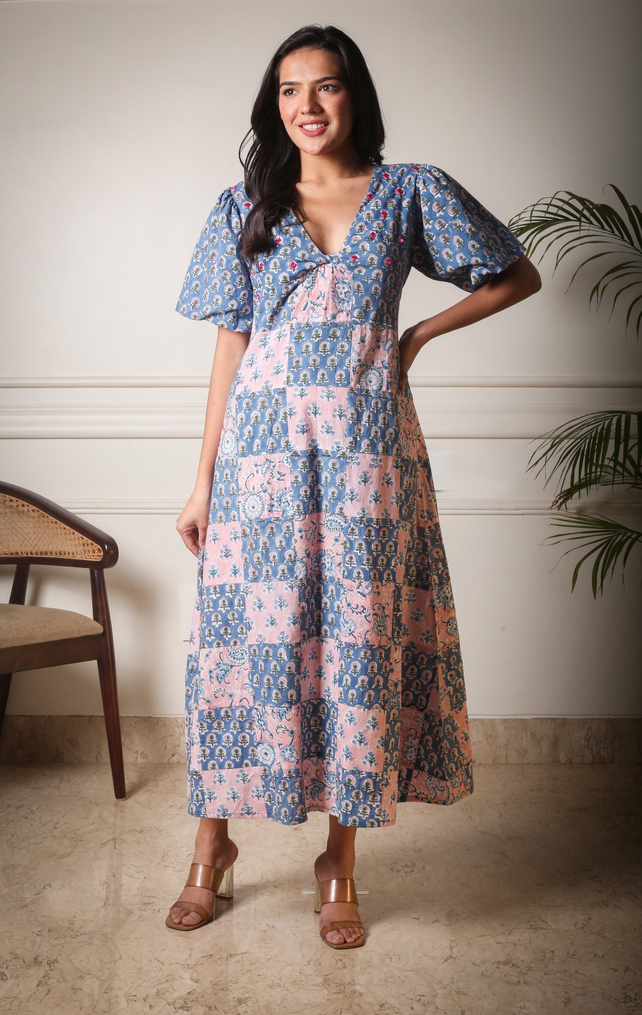 Gulnaz Patchwork Handblock Printed Front Knot Dress