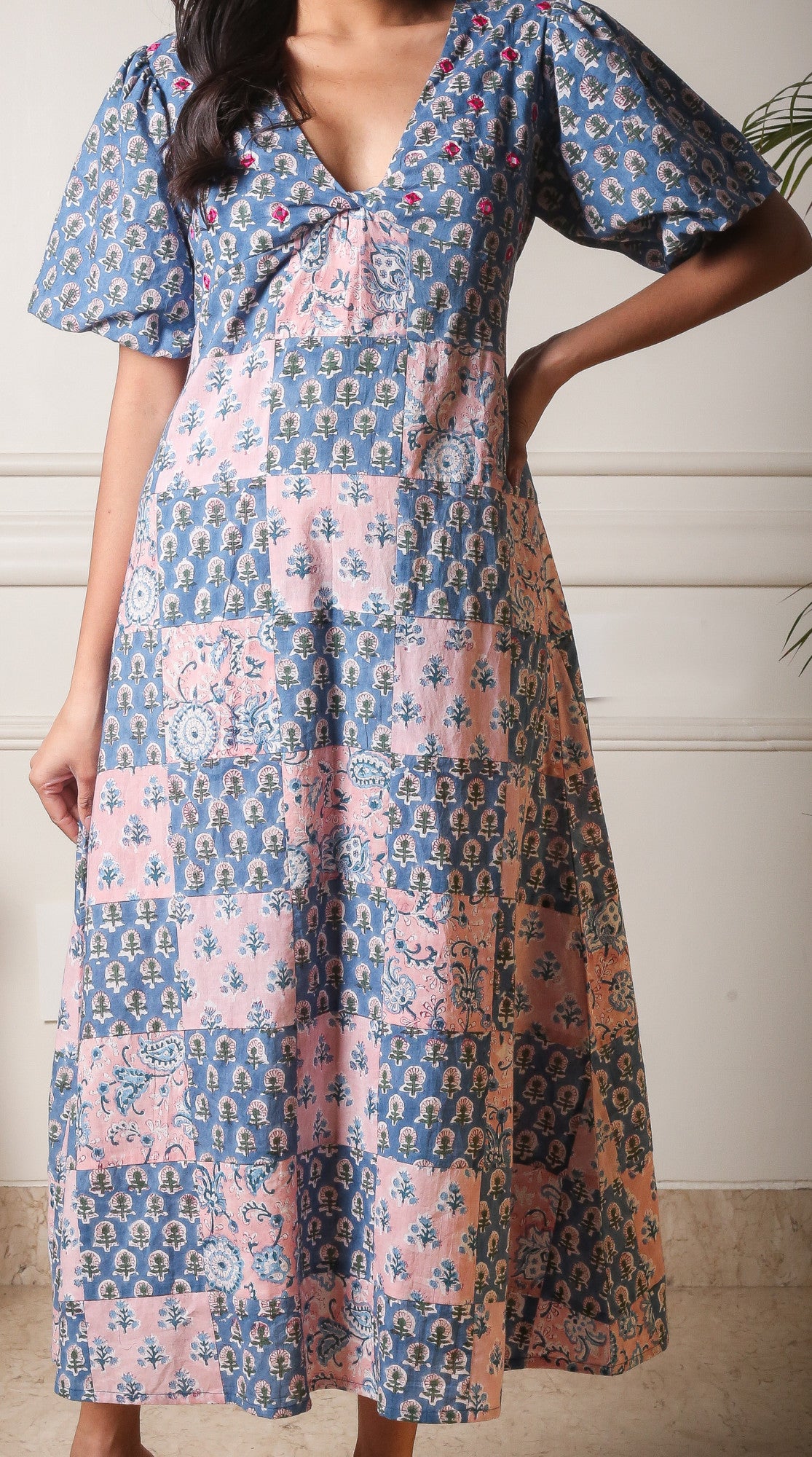 Gulnaz Patchwork Handblock Printed Front Knot Dress