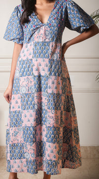 Gulnaz Patchwork Handblock Printed Front Knot Dress