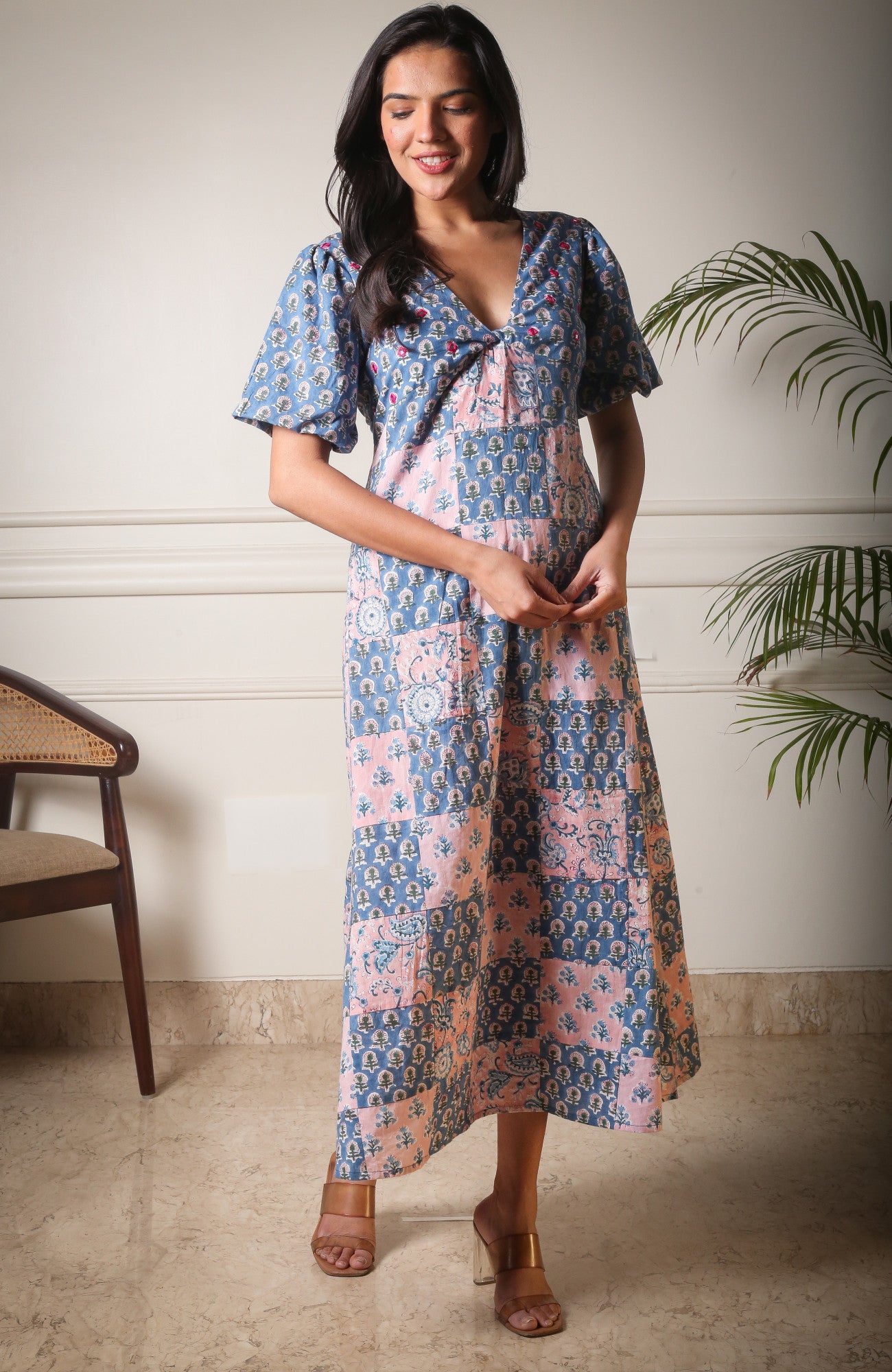 Gulnaz Patchwork Handblock Printed Front Knot Dress