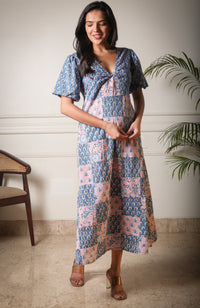 Gulnaz Patchwork Handblock Printed Front Knot Dress