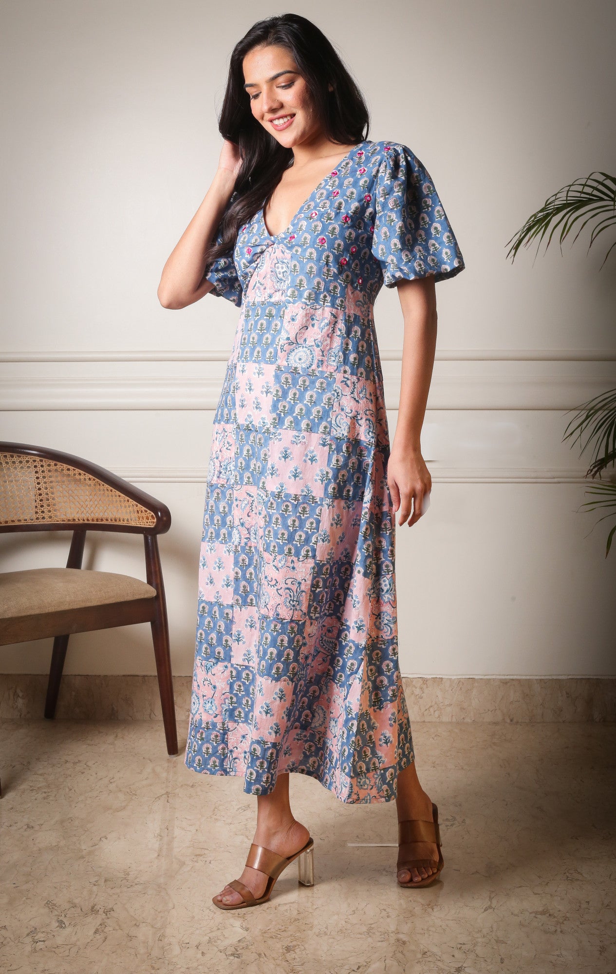 Gulnaz Patchwork Handblock Printed Front Knot Dress