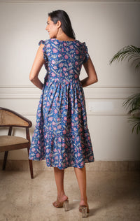 Neelanjali Flared Midi Blue Handblock Printed Floral Dress