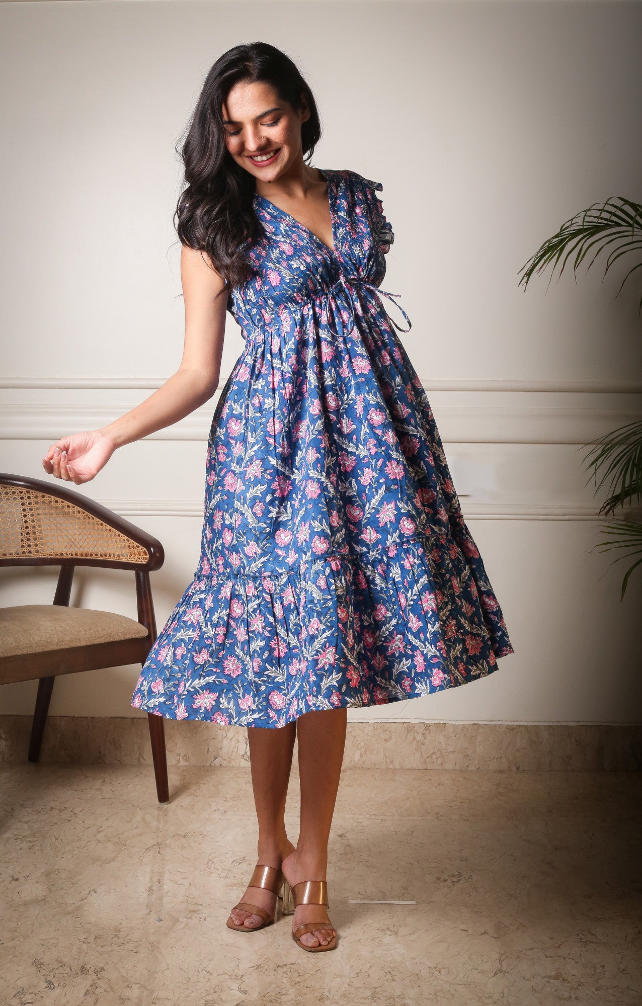 Neelanjali Flared Midi Blue Handblock Printed Floral Dress