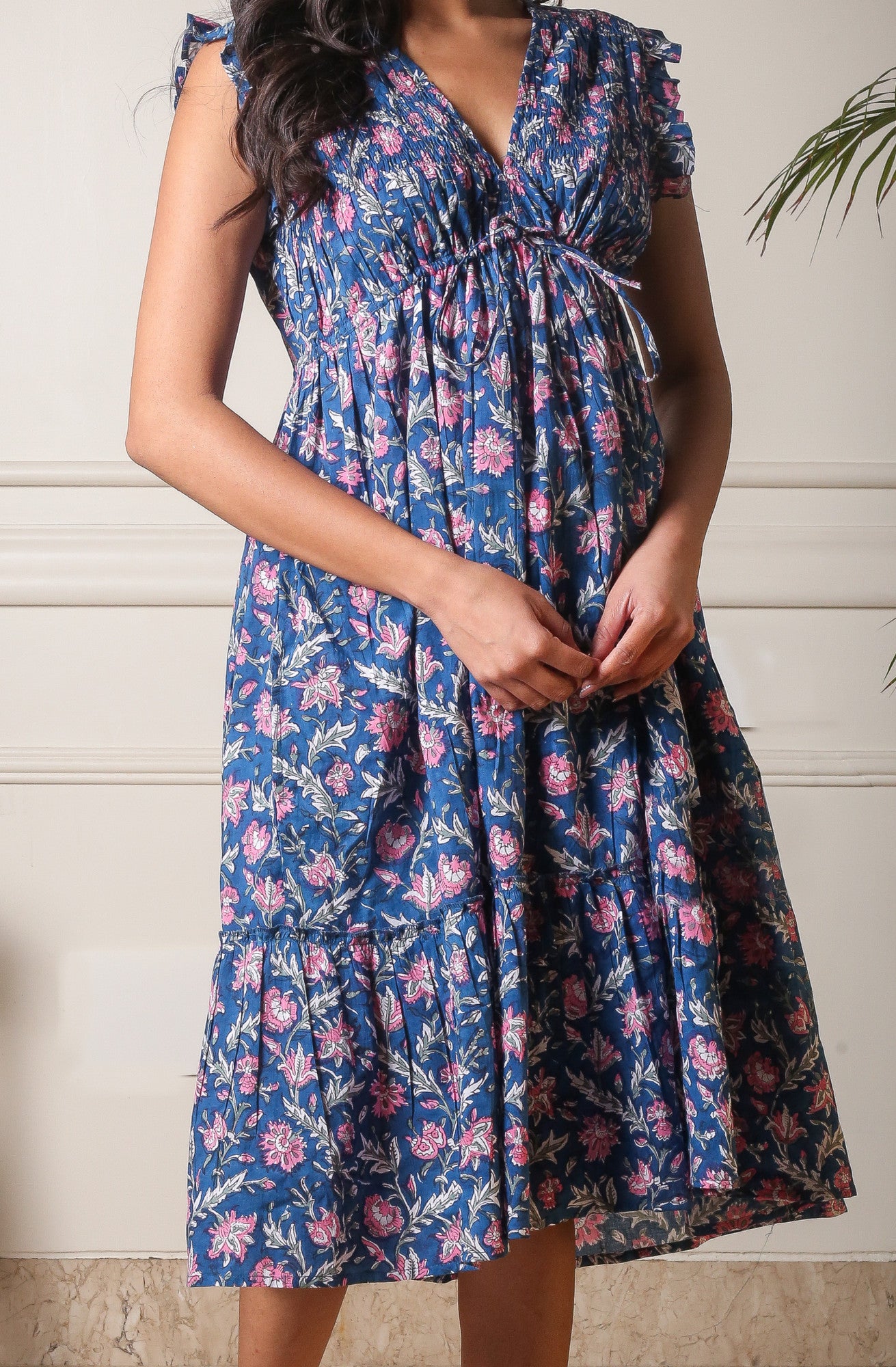 Neelanjali Flared Midi Blue Handblock Printed Floral Dress