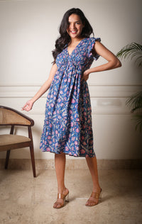 Neelanjali Flared Midi Blue Handblock Printed Floral Dress