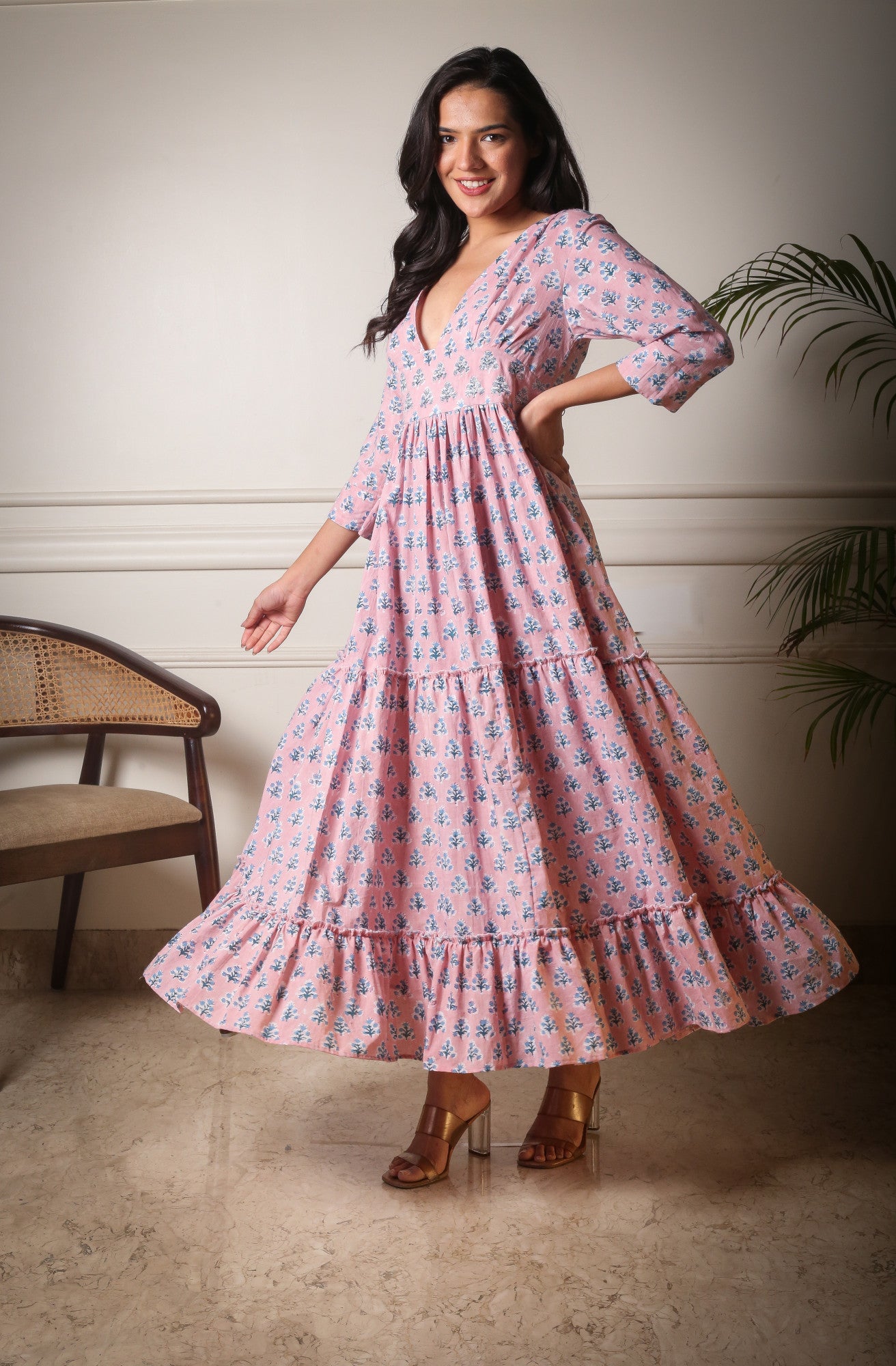 Blush Bloom Pink Handblock Printed Maxi Dress