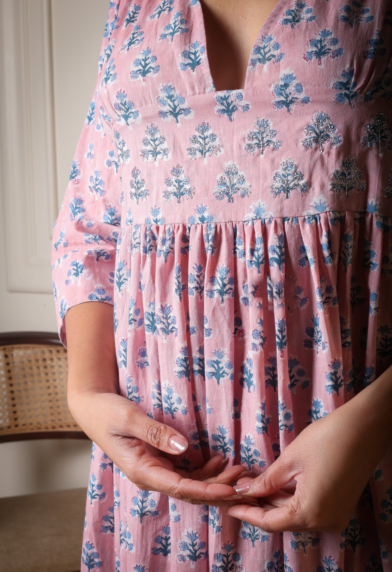 Blush Bloom Pink Handblock Printed Maxi Dress