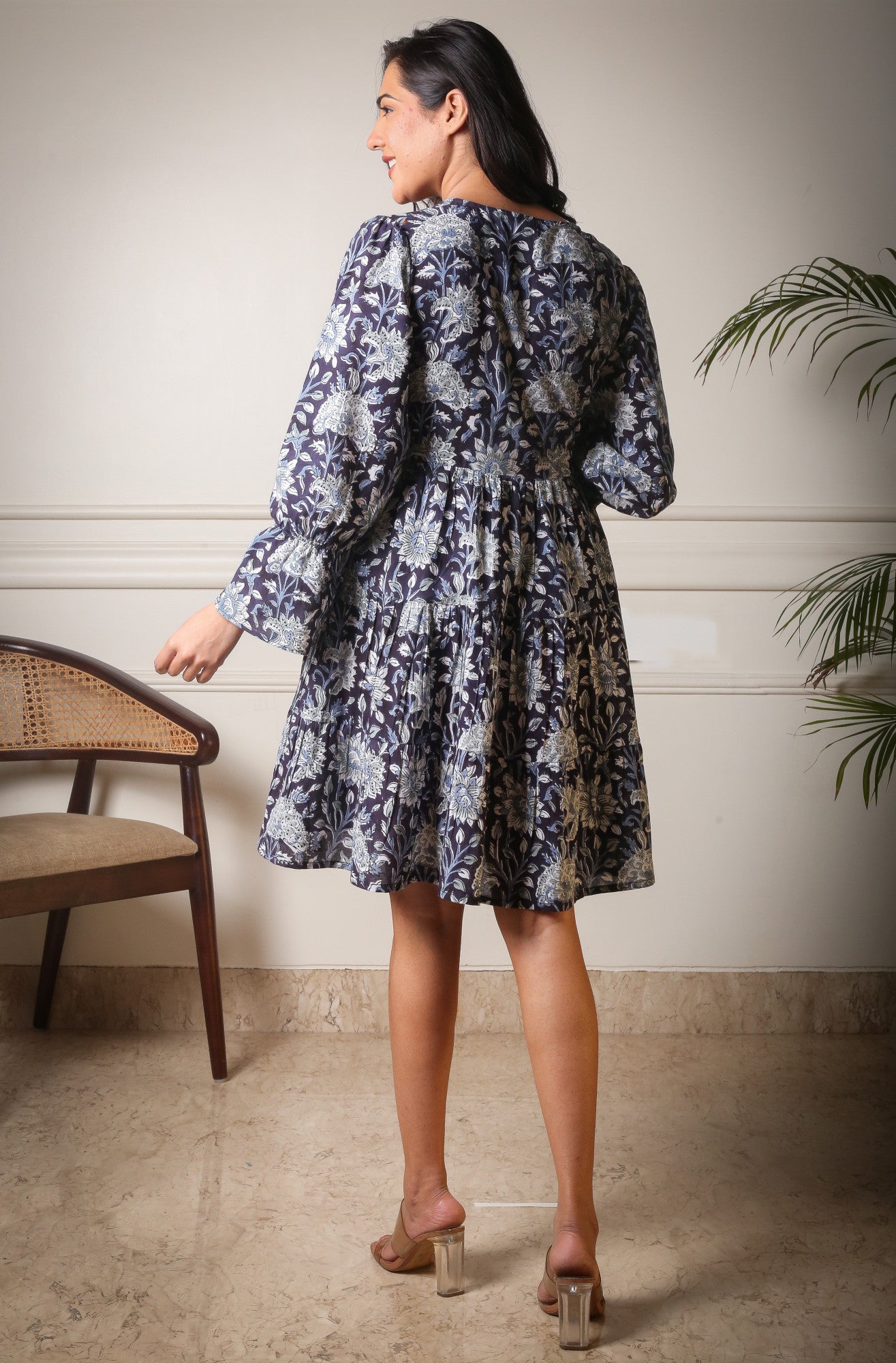 Midnight Bloom Mini Handblock Short Cotton Dress