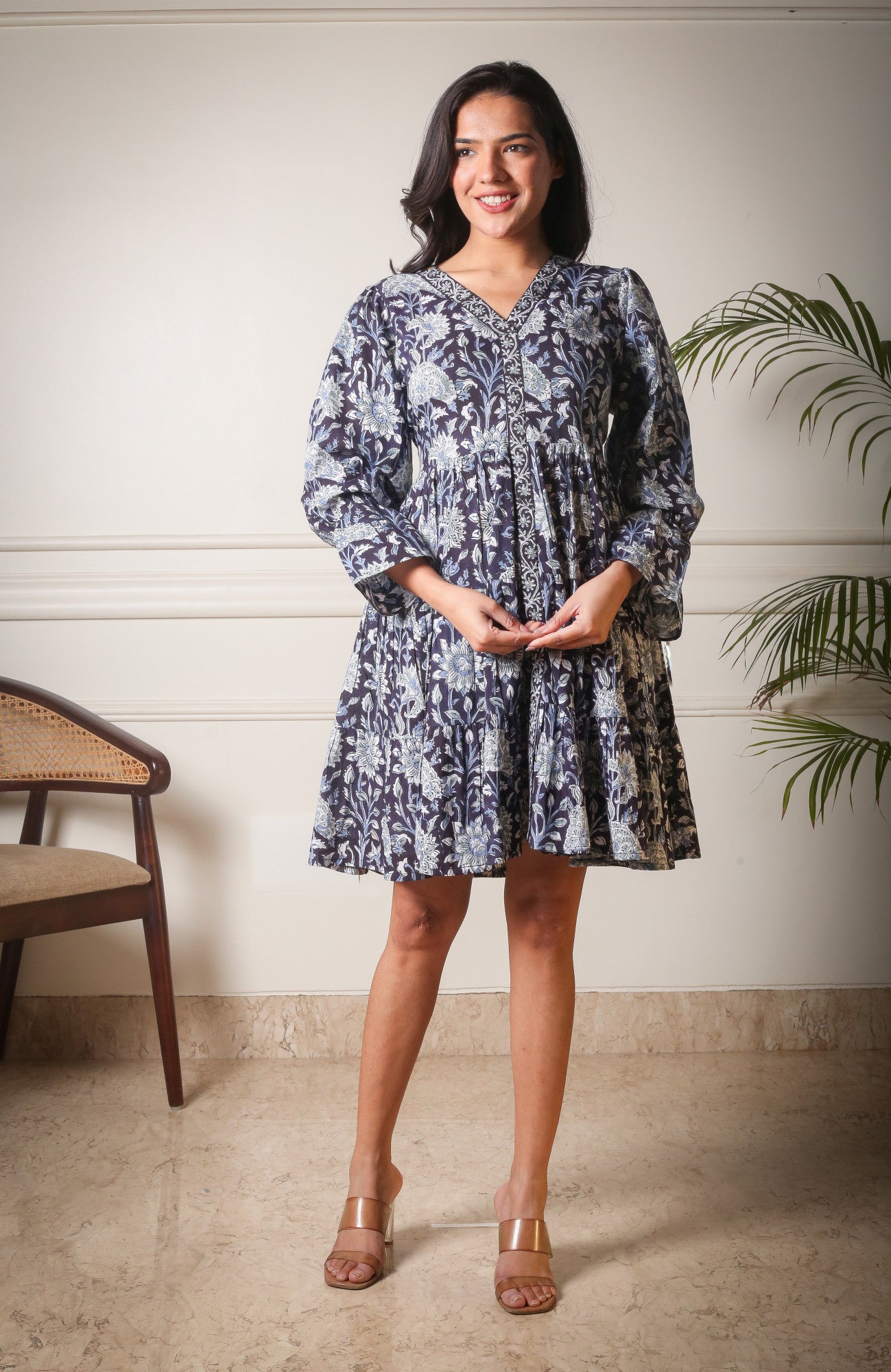 Midnight Bloom Mini Handblock Short Cotton Dress