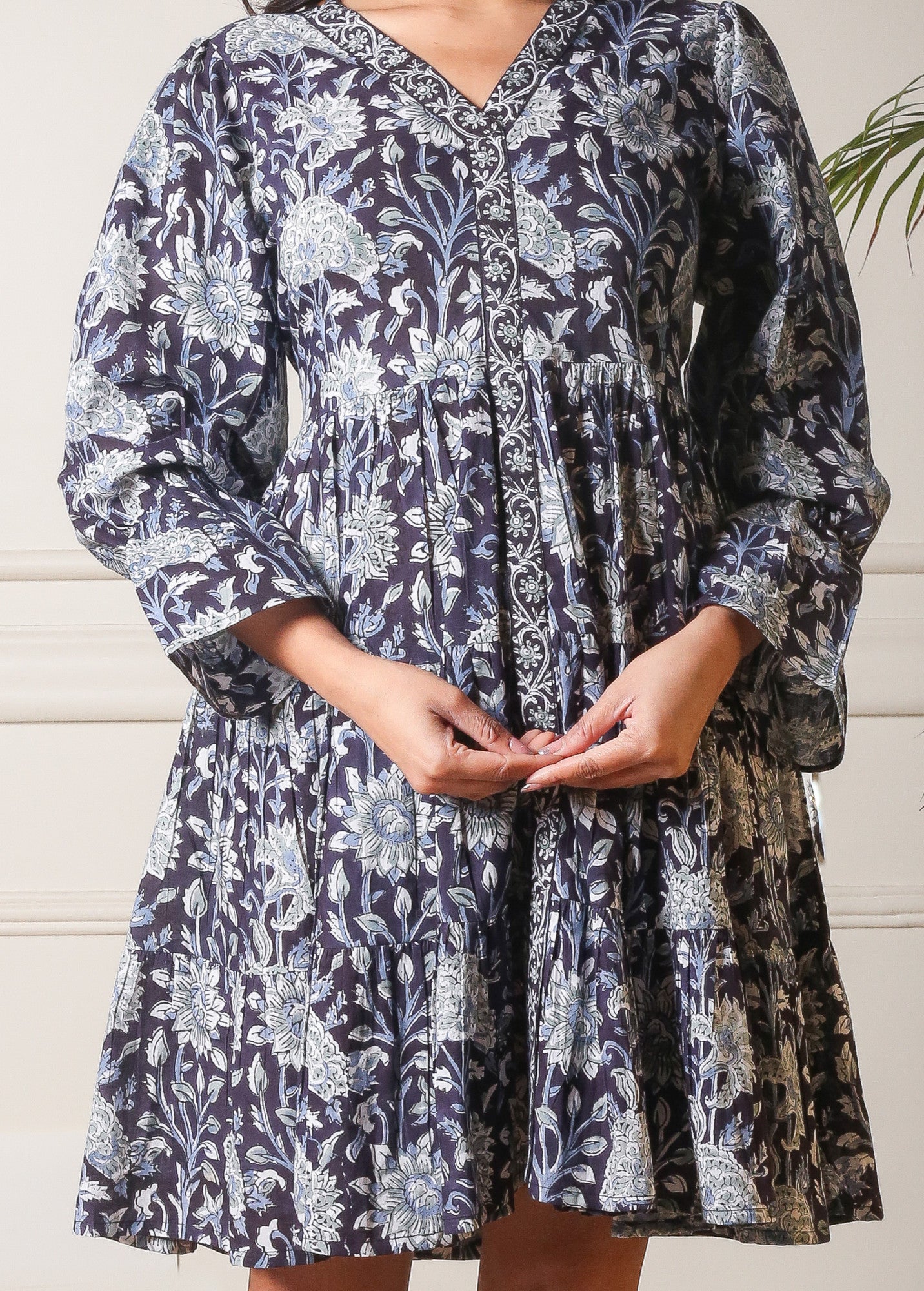Midnight Bloom Mini Handblock Short Cotton Dress