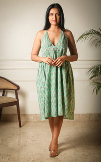 Halter Neck Handblock Printed Floral Midi Dress