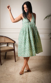Halter Neck Handblock Printed Floral Midi Dress