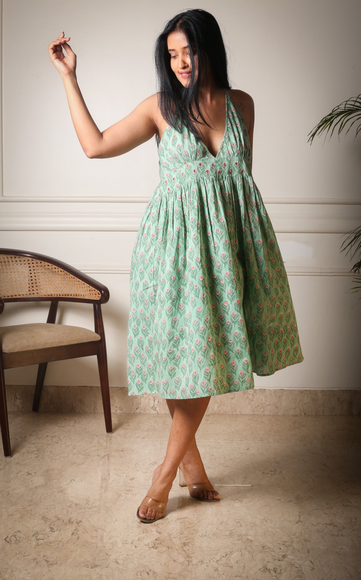 Halter Neck Handblock Printed Floral Midi Dress