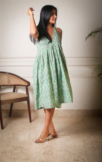 Halter Neck Handblock Printed Floral Midi Dress