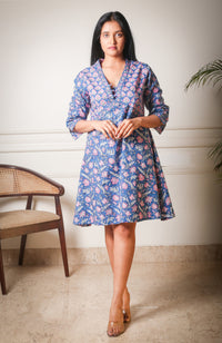 Blue Blossom Charm Handblock Printed Floral Cotton Short Dress