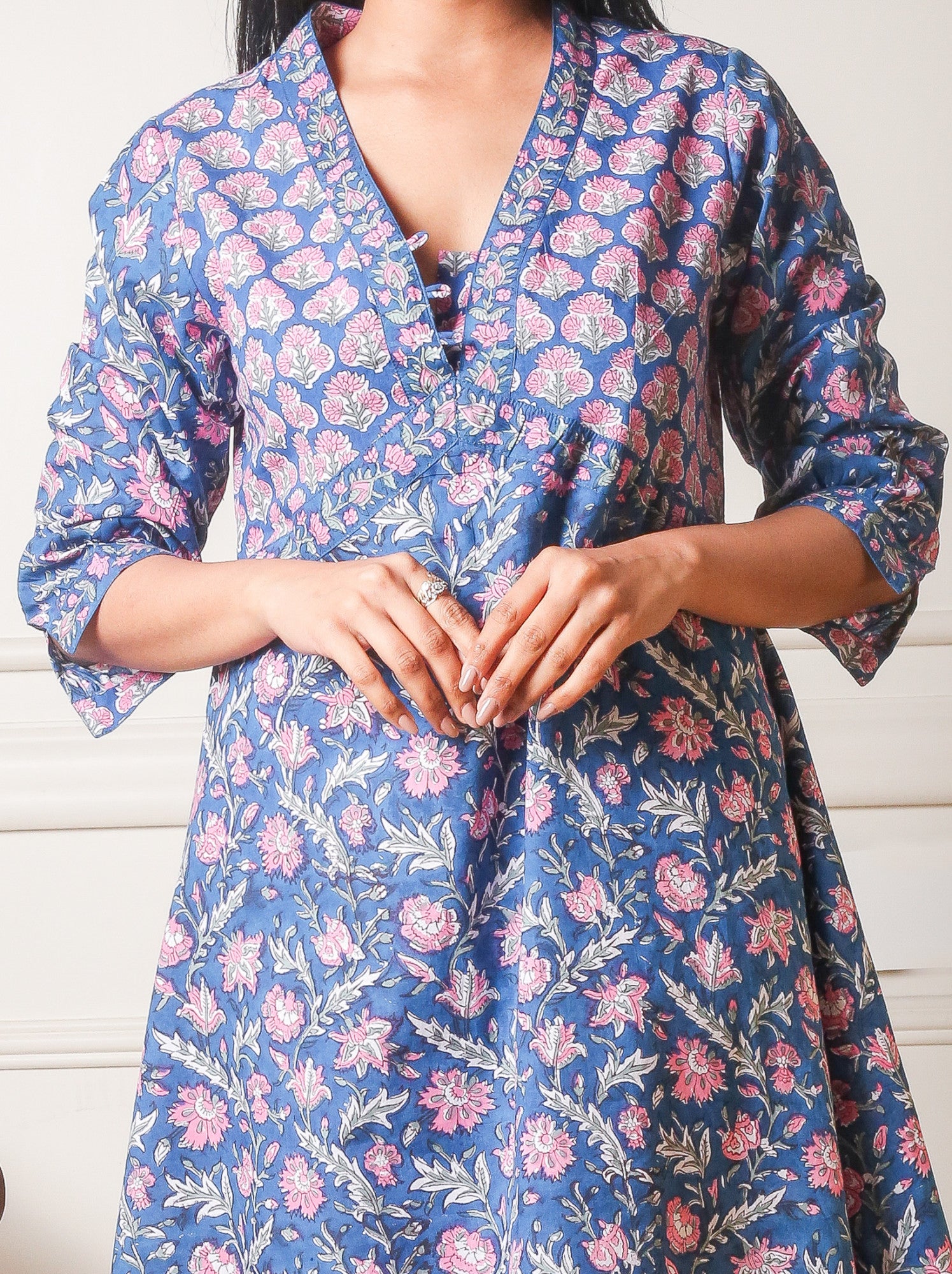 Blue Blossom Charm Handblock Printed Floral Cotton Short Dress