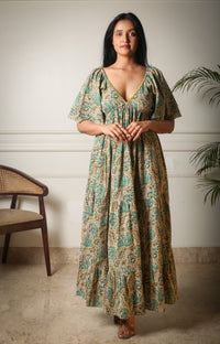 Meadow Breeze V-Neck Handblock Printed Tier Maxi Dress