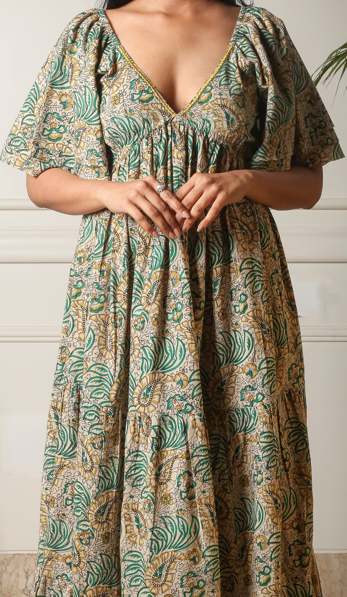 Meadow Breeze V-Neck Handblock Printed Tier Maxi Dress