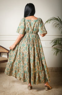 Meadow Breeze V-Neck Handblock Printed Tier Maxi Dress