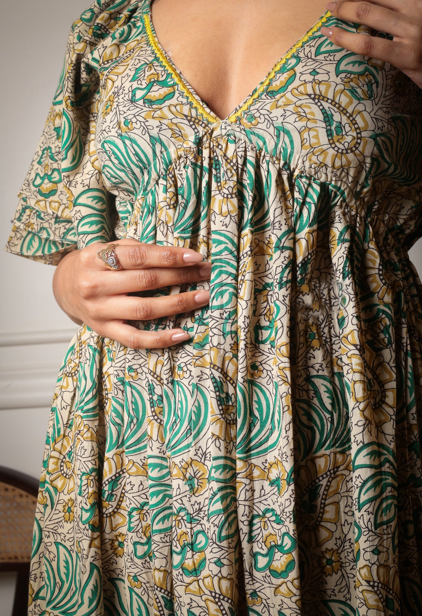 Meadow Breeze V-Neck Handblock Printed Tier Maxi Dress