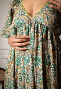 Meadow Breeze V-Neck Handblock Printed Tier Maxi Dress