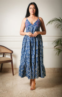 Indigo Harmony Handblock Printed Long Dress