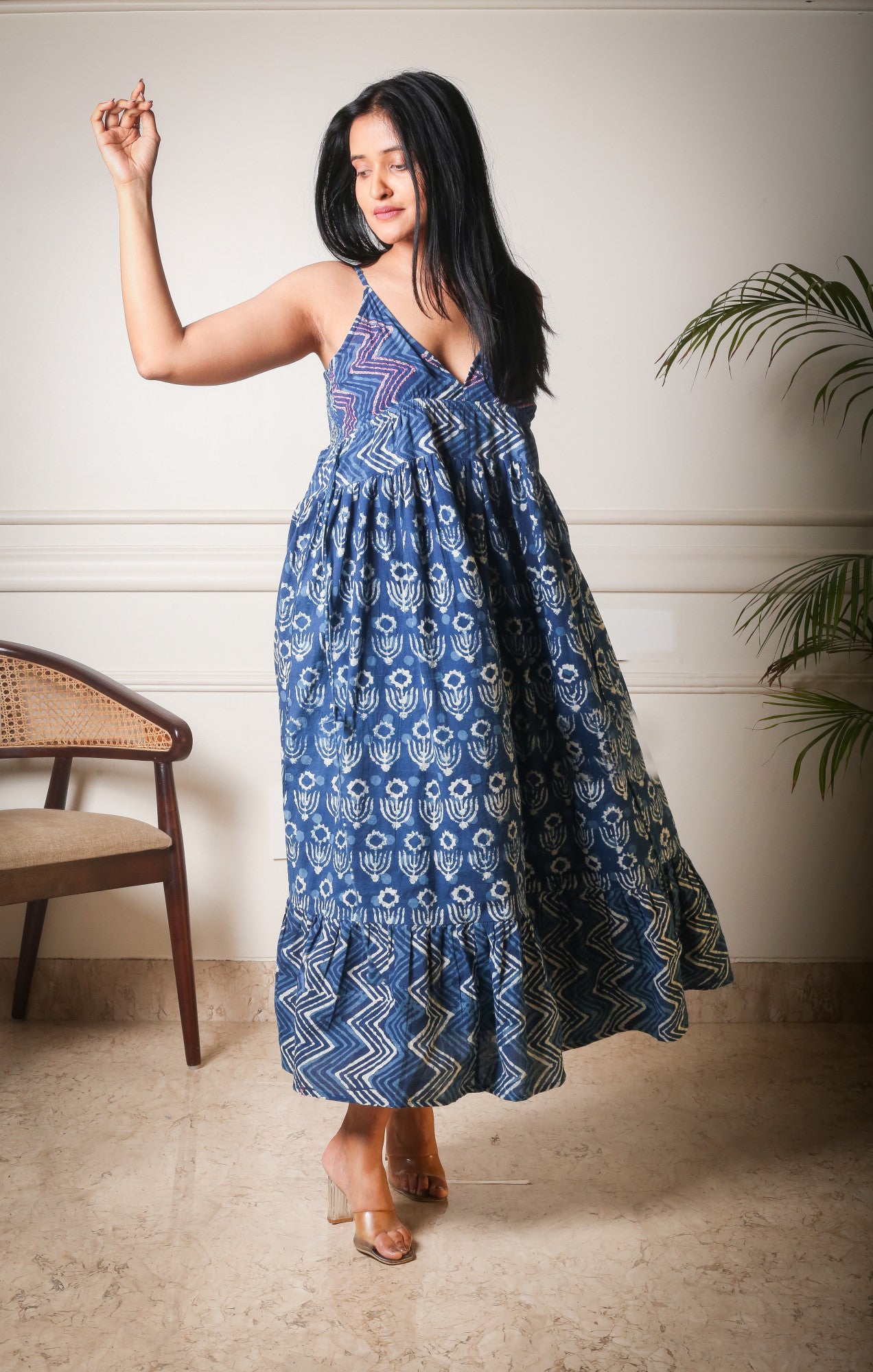 Indigo Harmony Handblock Printed Long Dress