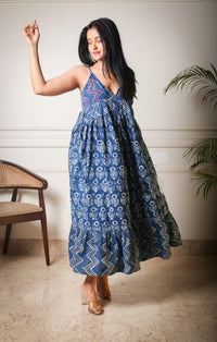 Indigo Harmony Handblock Printed Long Dress