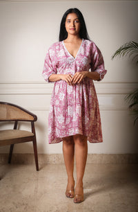 Rosewood Charm Handblock Printed Pink Floral Dress