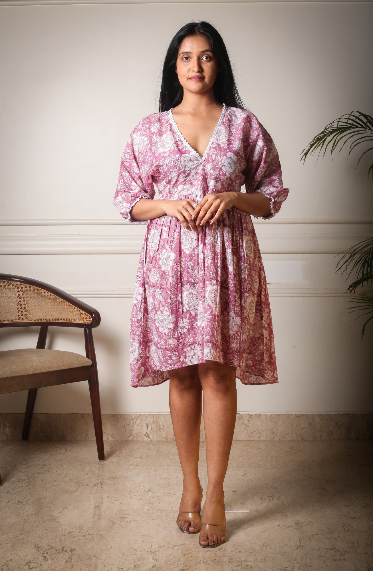 Rosewood Charm Handblock Printed Pink Floral Dress